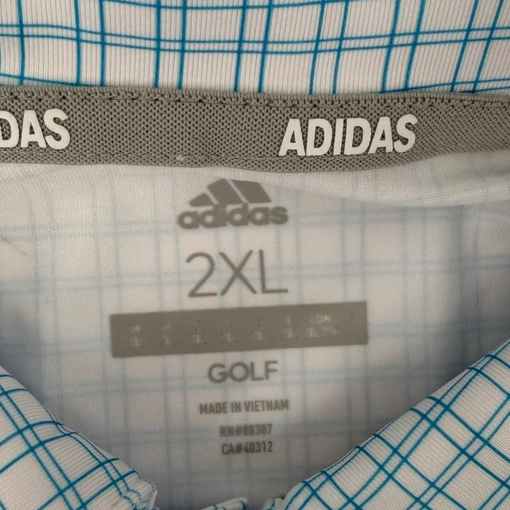 Adidas Golf Polo Mens 2XL White Blue Plaid Ultimate Print ADVR0845 UPF 50